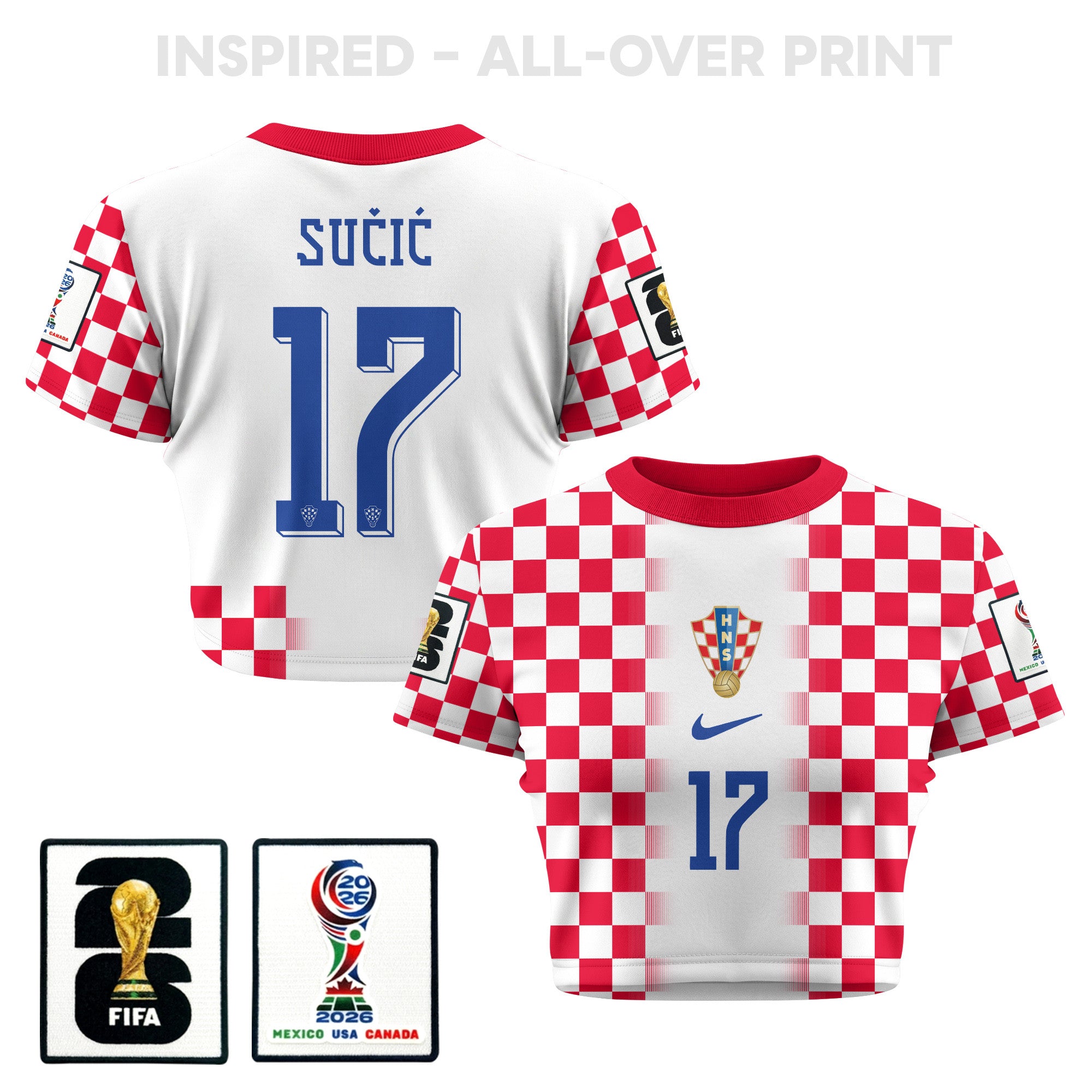 Petar Sučić 17 Croatia 2026 Women's Home All-Over Print Cropped Jersey - White