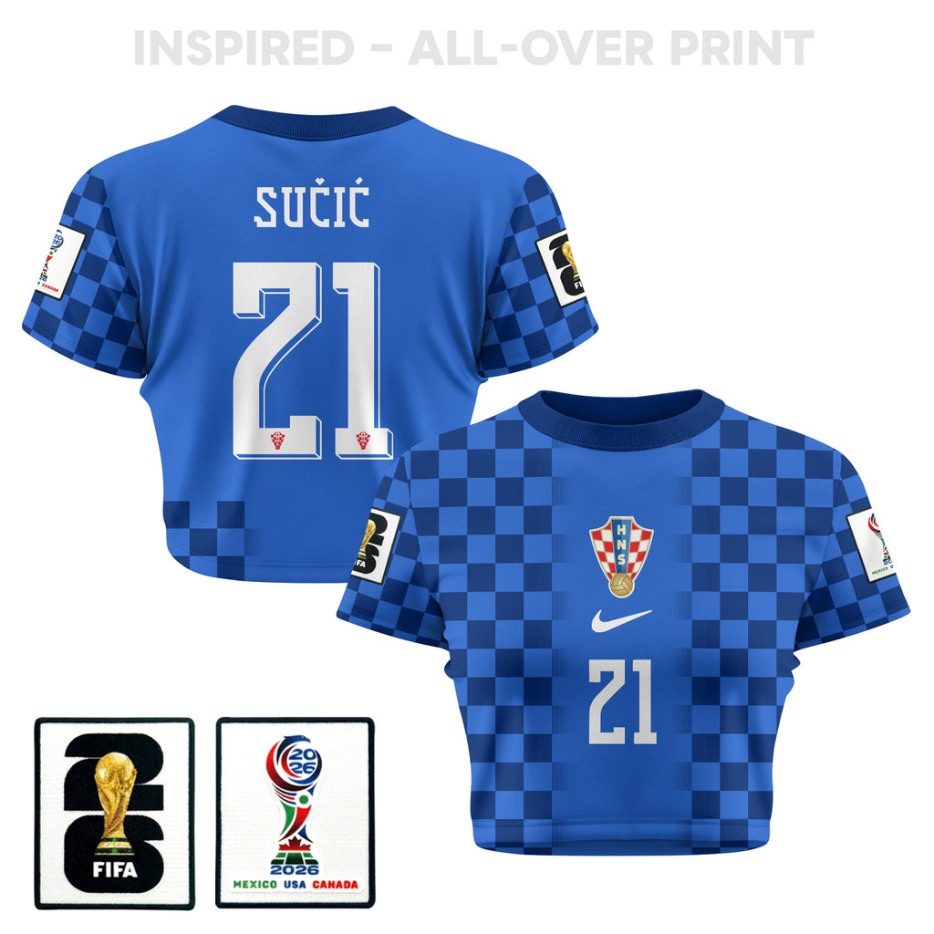 Luka Sučić 21 Croatia 2026 Women's Away All-Over Print Cropped Jersey - Blue