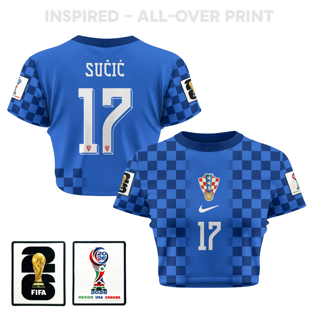 Petar Sučić 17 Croatia 2026 Women's Away All-Over Print Cropped Jersey - Blue