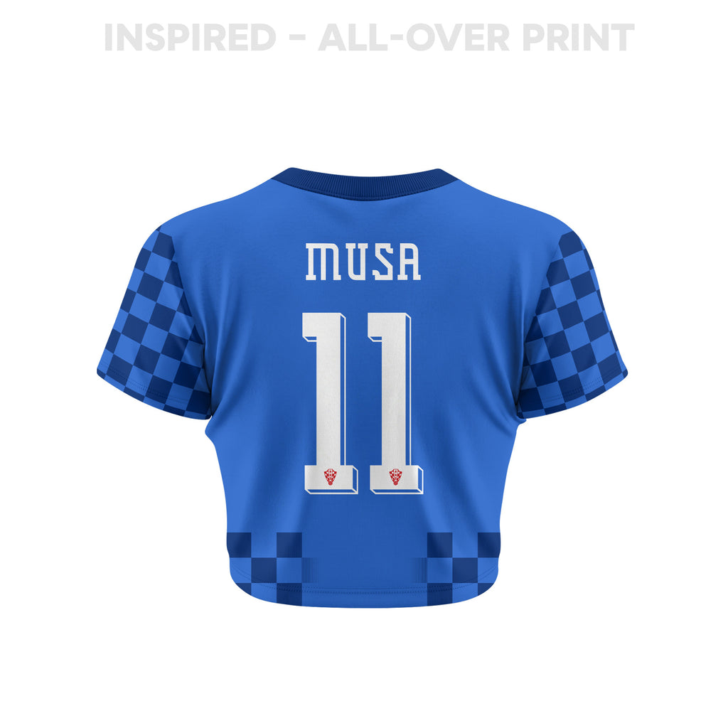Petar Musa 11 Croatia 2026 Women's Away All-Over Print Cropped Jersey - Blue