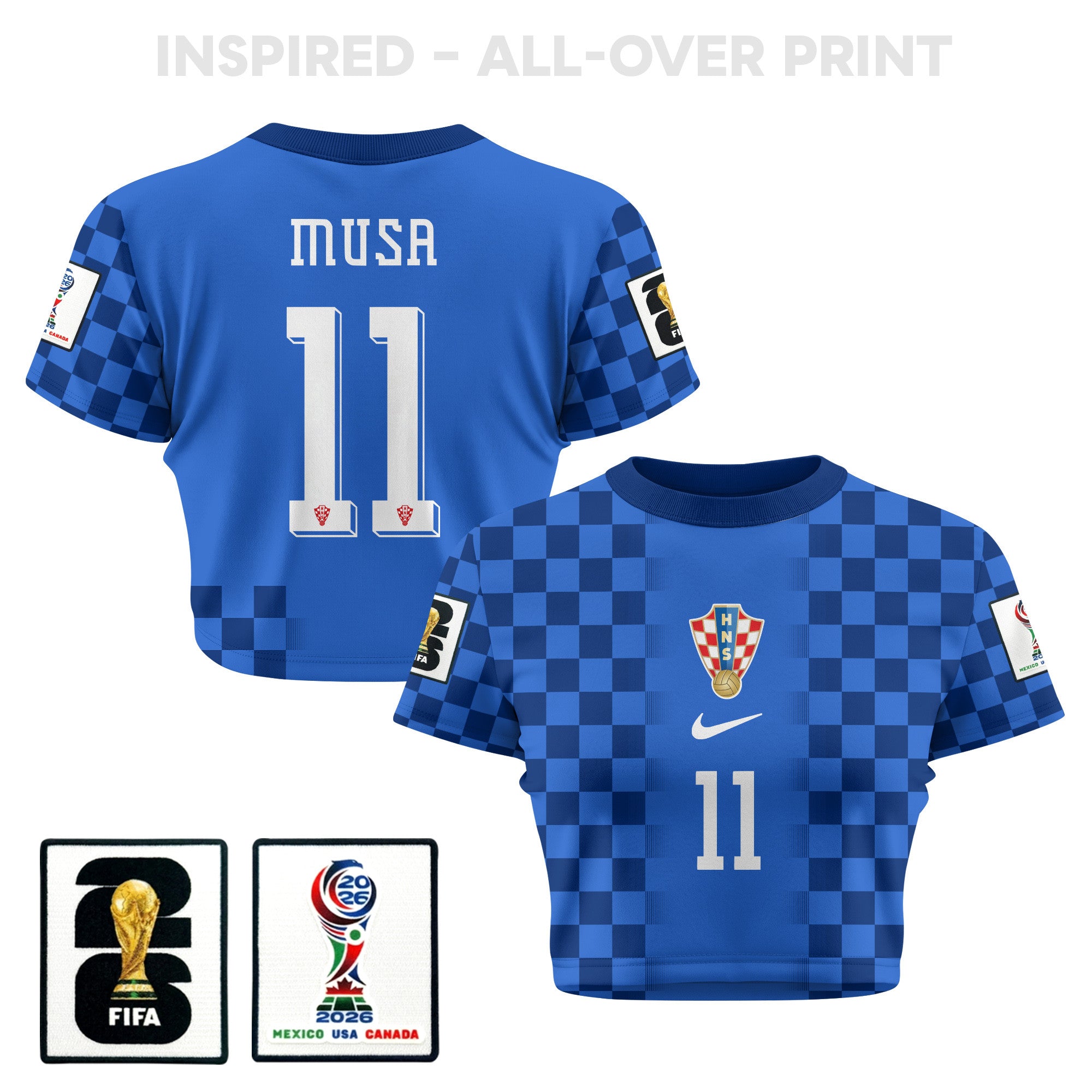 Petar Musa 11 Croatia 2026 Women's Away All-Over Print Cropped Jersey - Blue