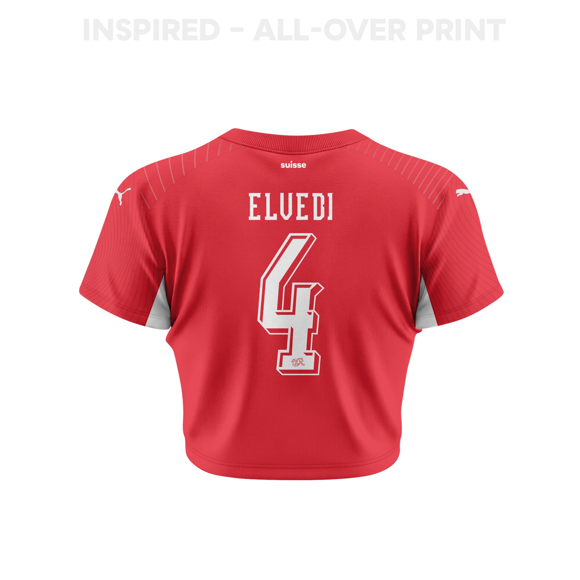 Nico Elvedi 4 Switzerland 2026 Women's Home All-Over Print Cropped Jersey - Red
