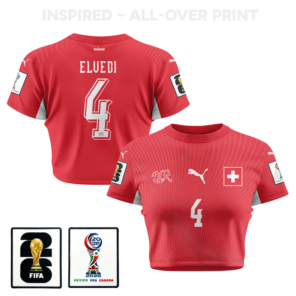 Nico Elvedi 4 Switzerland 2026 Women's Home All-Over Print Cropped Jersey - Red