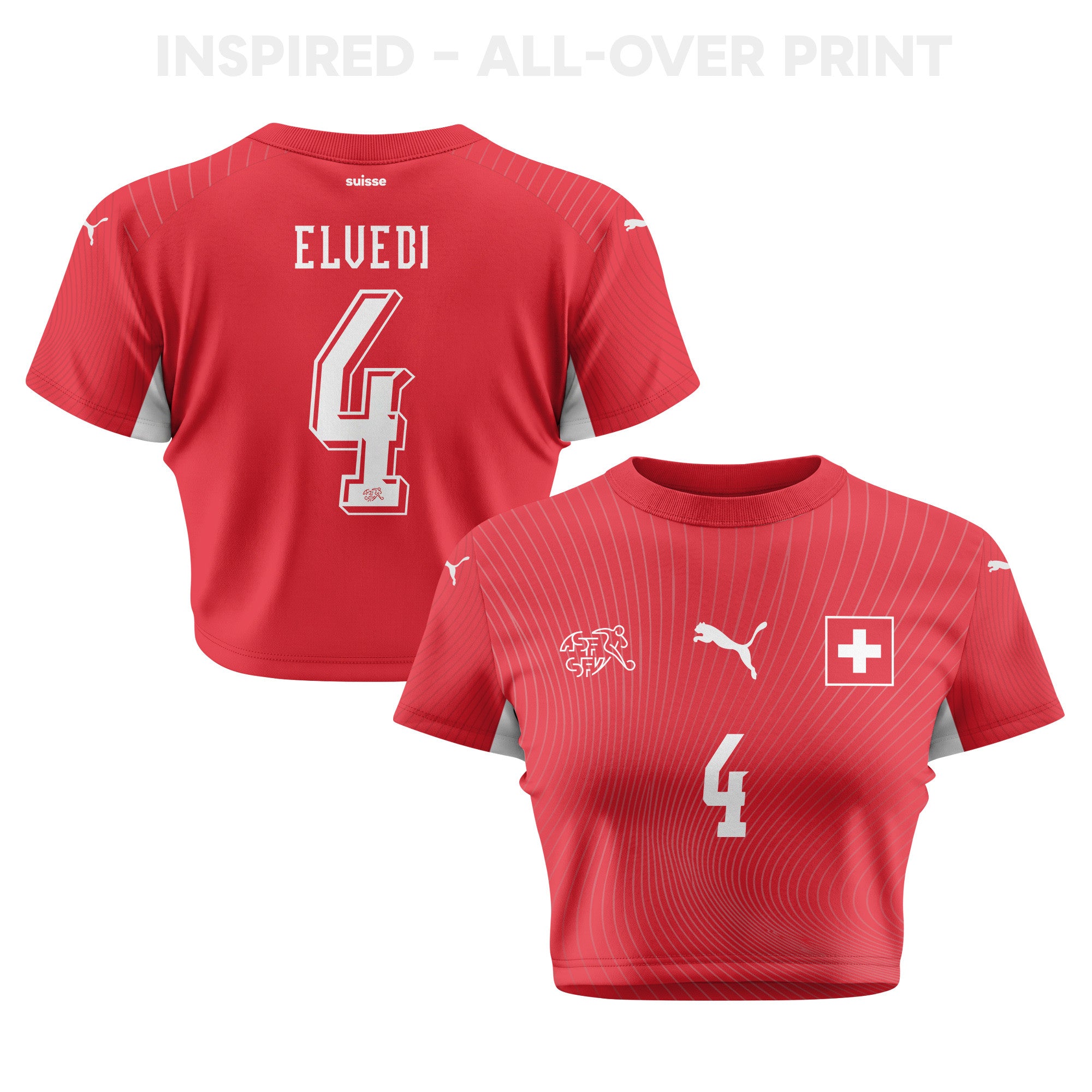 Nico Elvedi 4 Switzerland 2026 Women's Home All-Over Print Cropped Jersey - Red