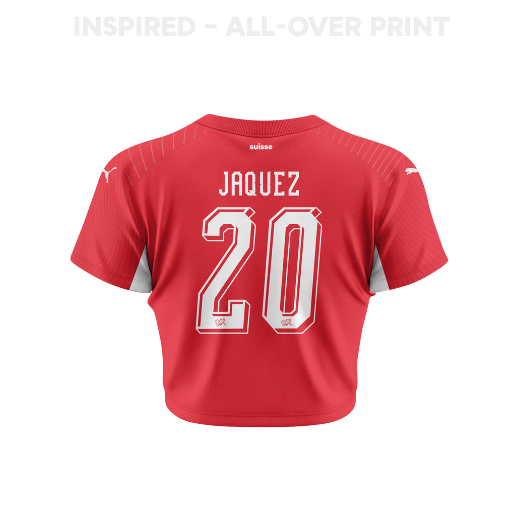 Luca Jaquez 20 Switzerland 2026 Women's Home All-Over Print Cropped Jersey - Red