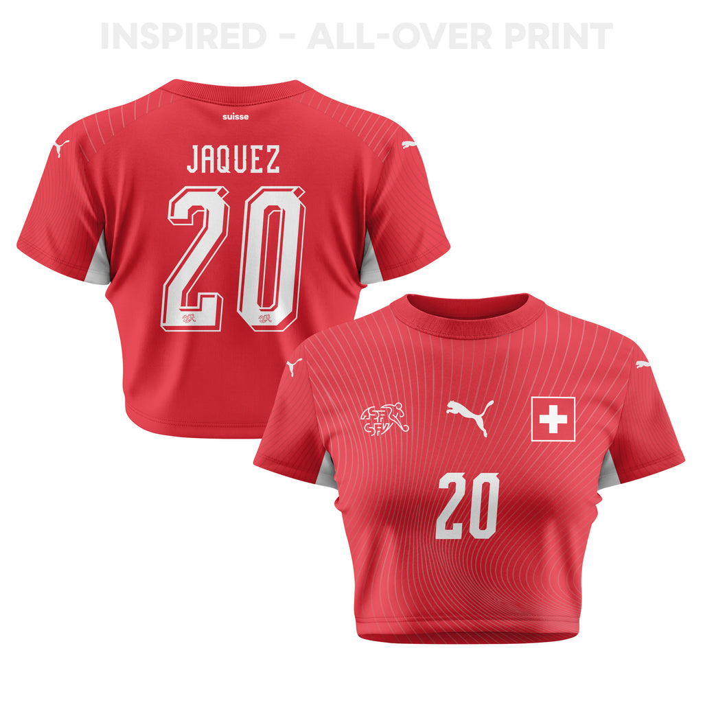 Luca Jaquez 20 Switzerland 2026 Women's Home All-Over Print Cropped Jersey - Red