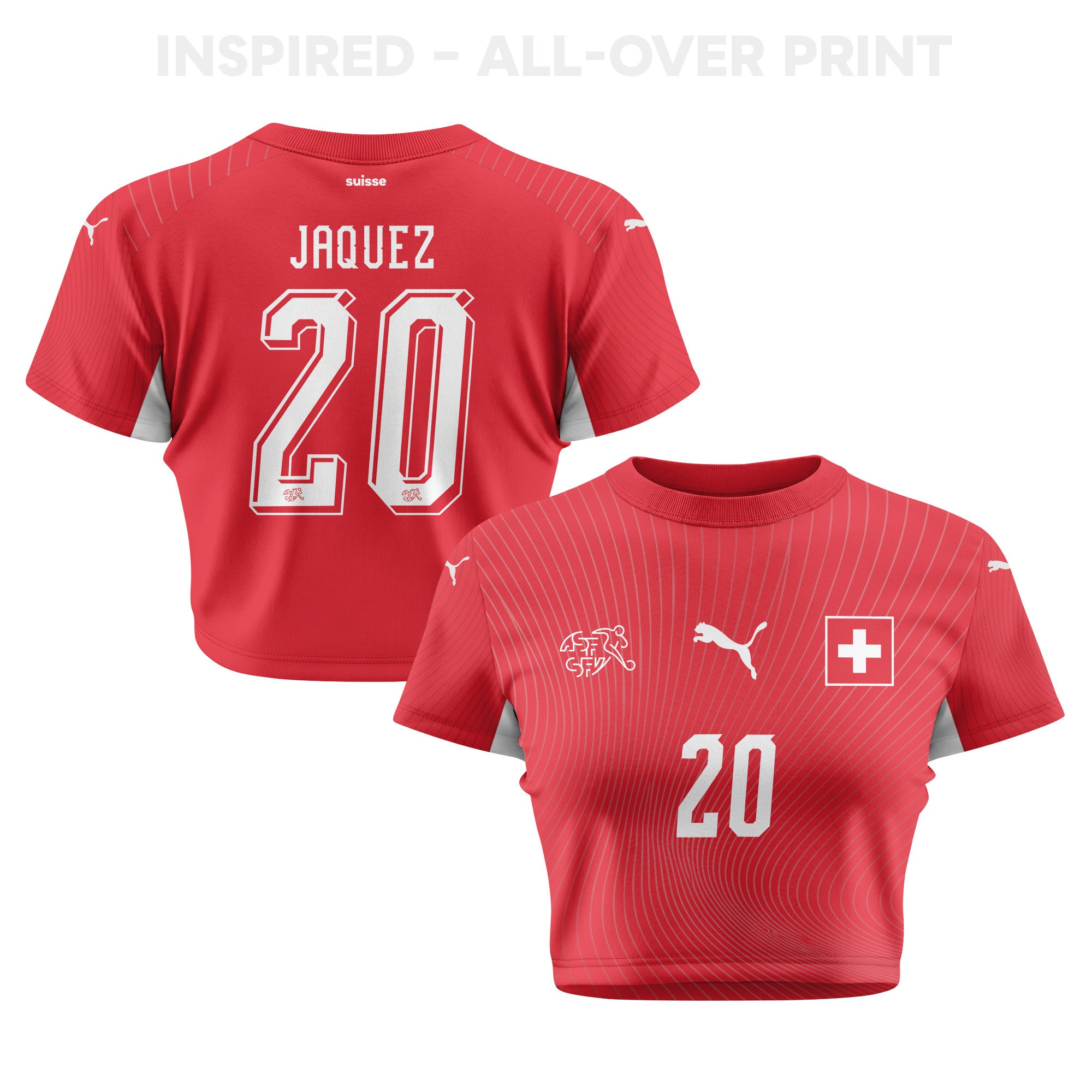 Luca Jaquez 20 Switzerland 2026 Women's Home All-Over Print Cropped Jersey - Red