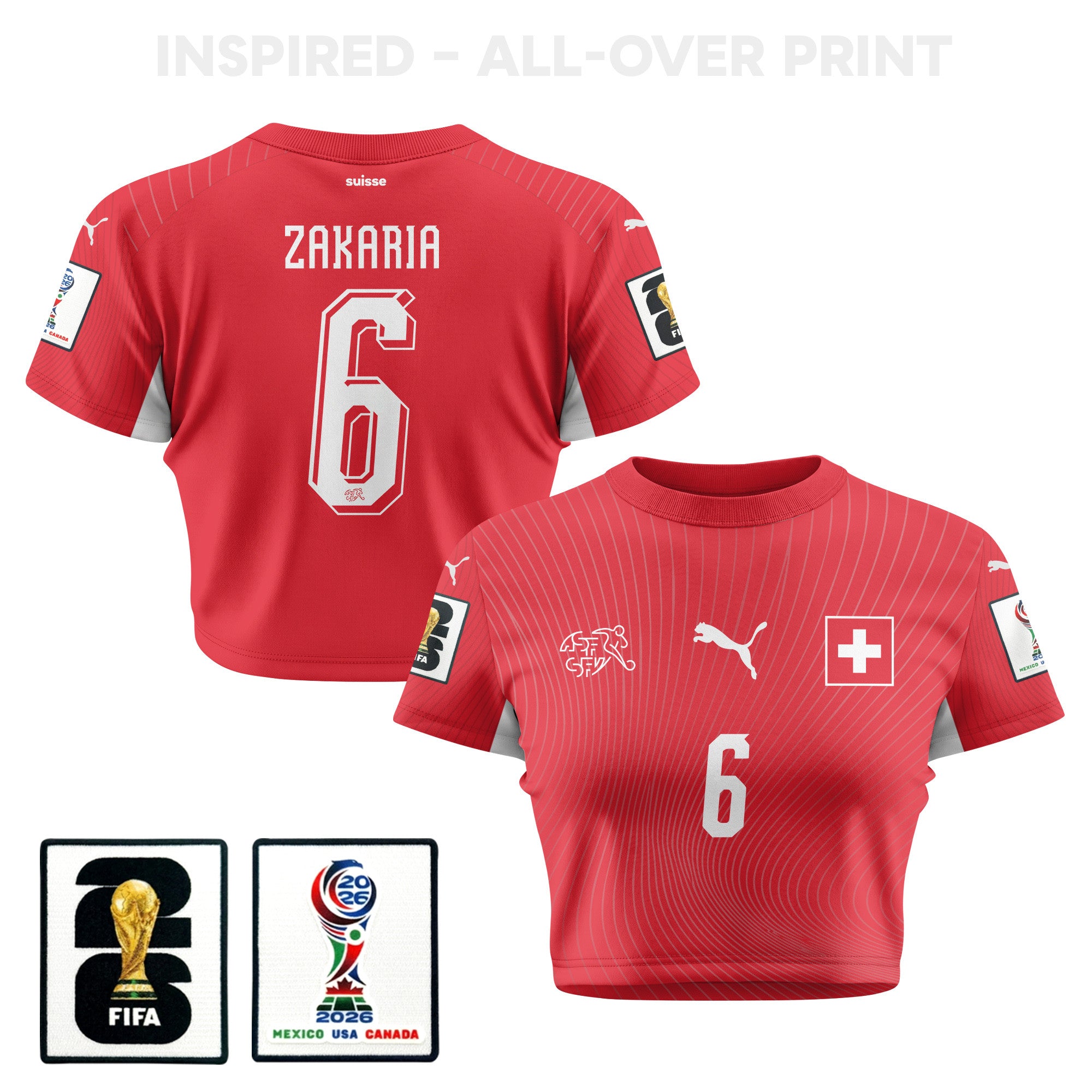 Denis Zakaria 6 Switzerland 2026 Women's Home All-Over Print Cropped Jersey - Red