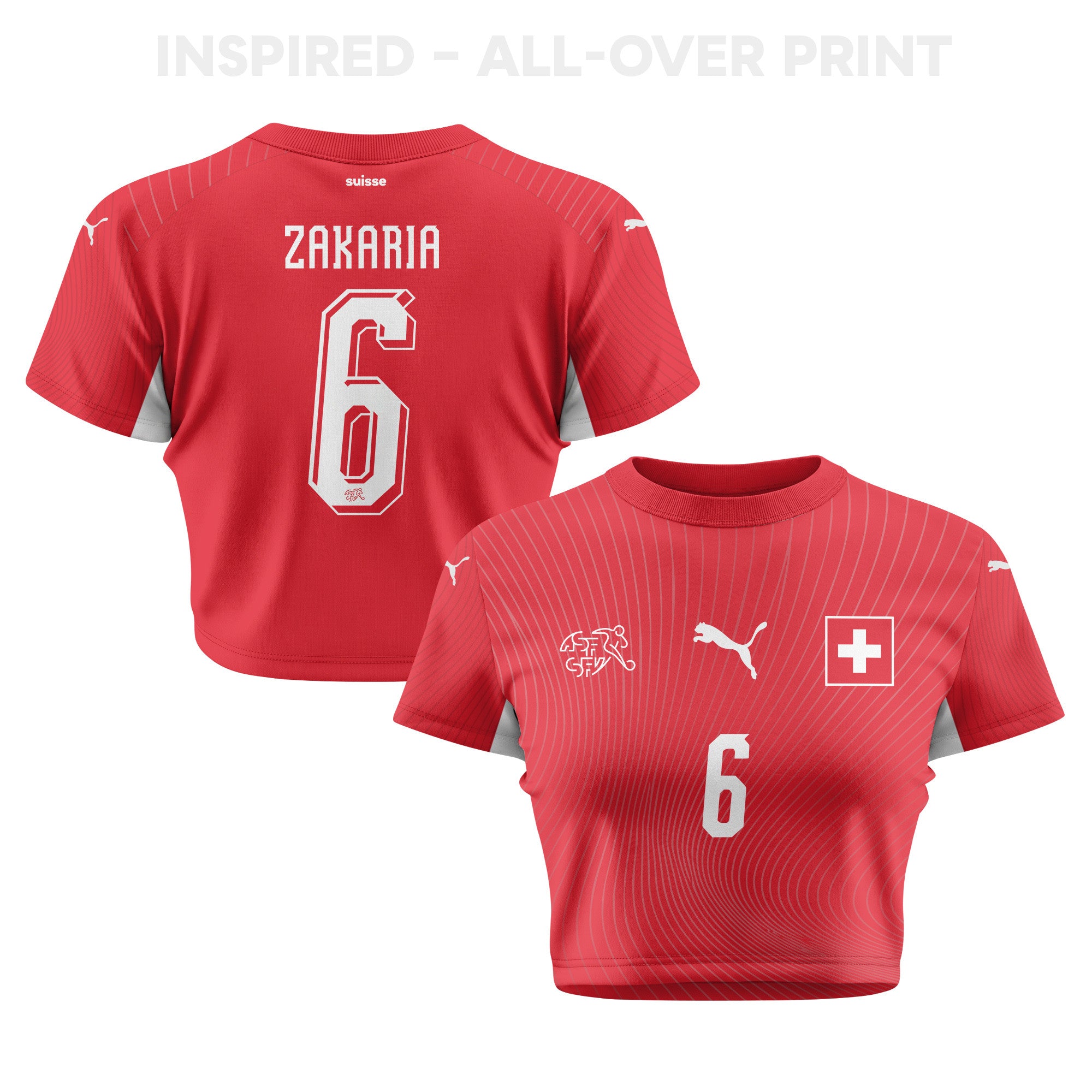 Denis Zakaria 6 Switzerland 2026 Women's Home All-Over Print Cropped Jersey - Red