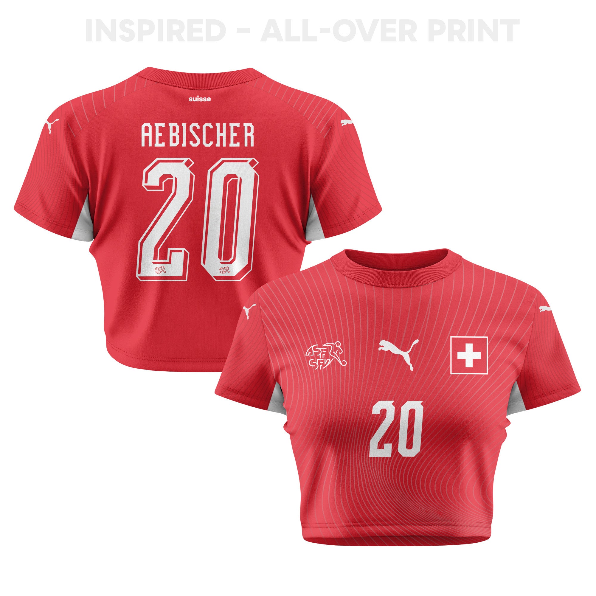 Michel Aebischer 20 Switzerland 2026 Women's Home All-Over Print Cropped Jersey - Red