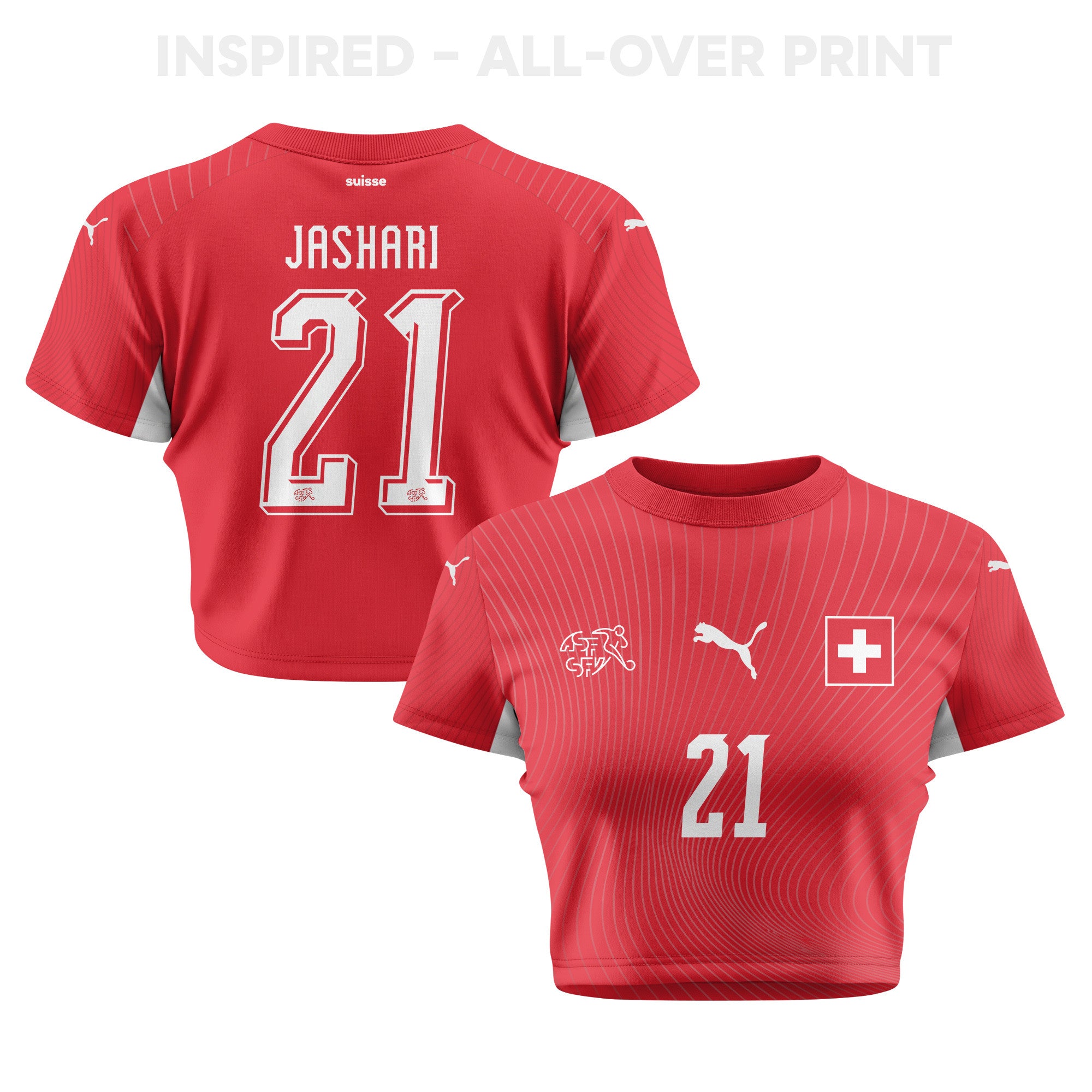 Ardon Jashari 21 Switzerland 2026 Women's Home All-Over Print Cropped Jersey - Red