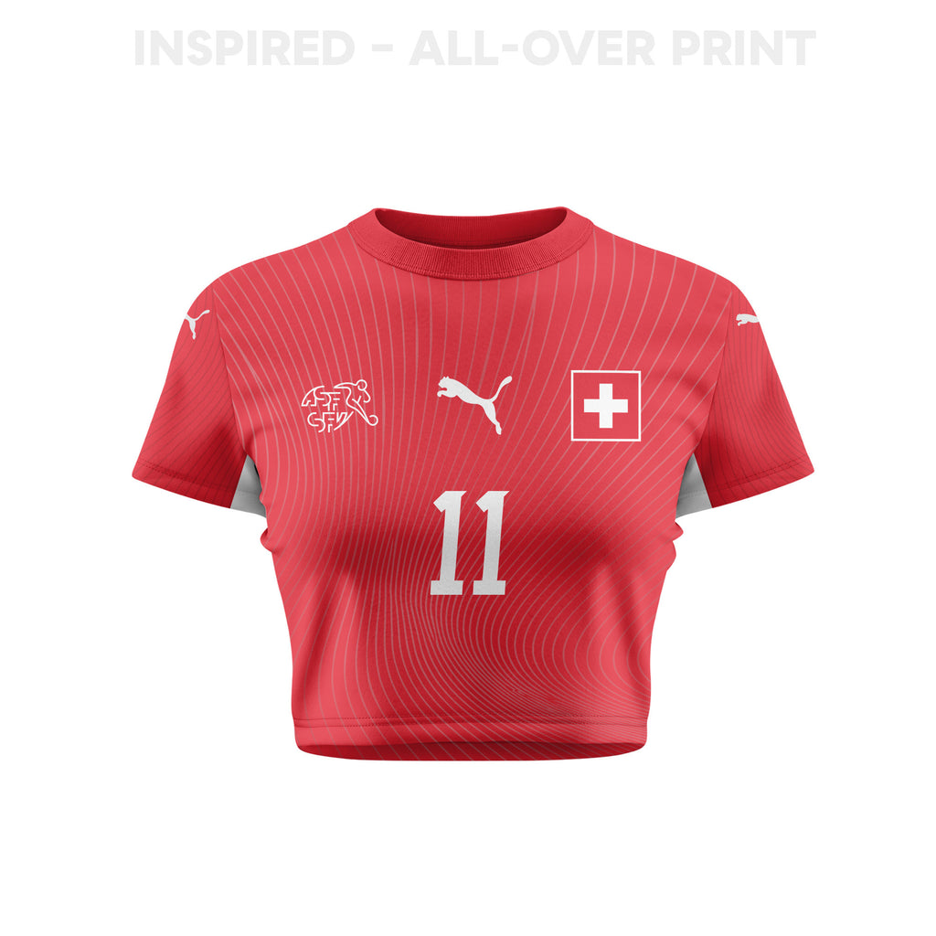 Dan Ndoye 11 Switzerland 2026 Women's Home All-Over Print Cropped Jersey - Red