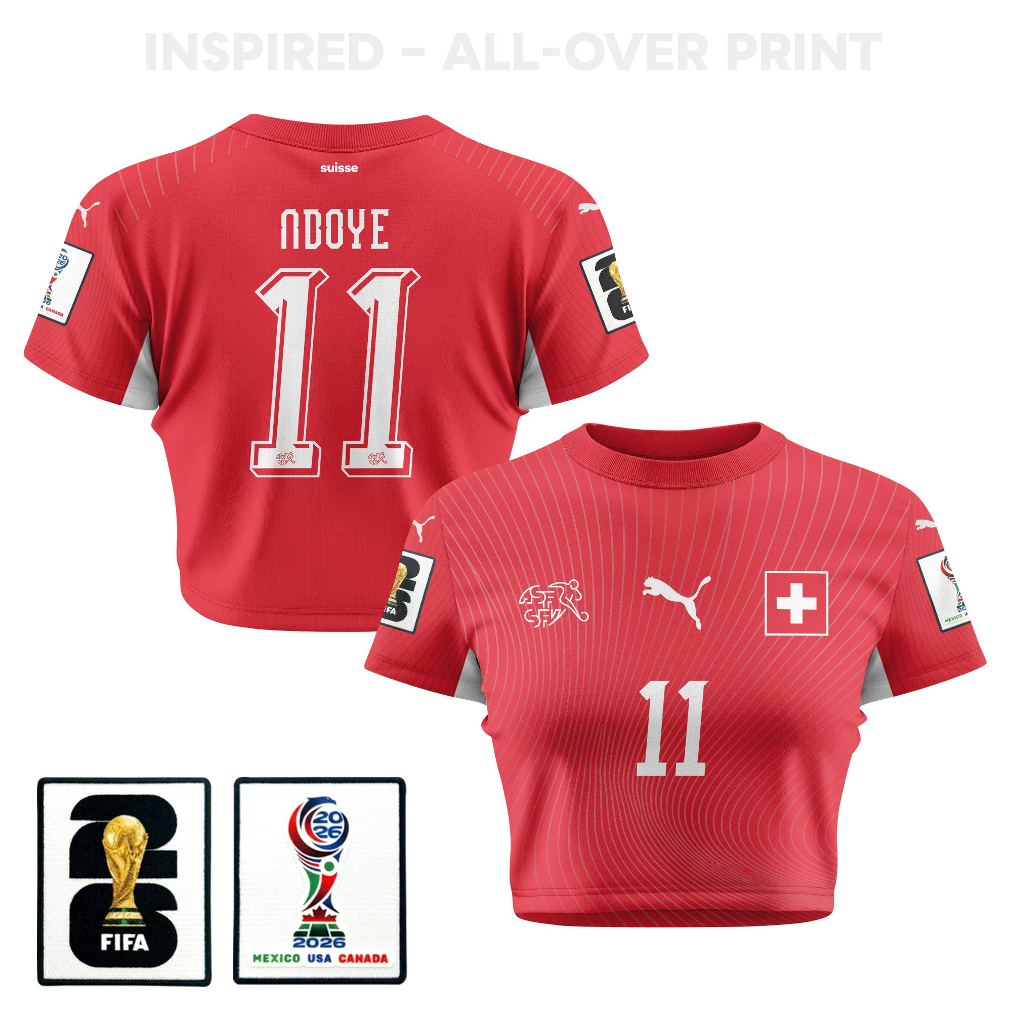 Dan Ndoye 11 Switzerland 2026 Women's Home All-Over Print Cropped Jersey - Red