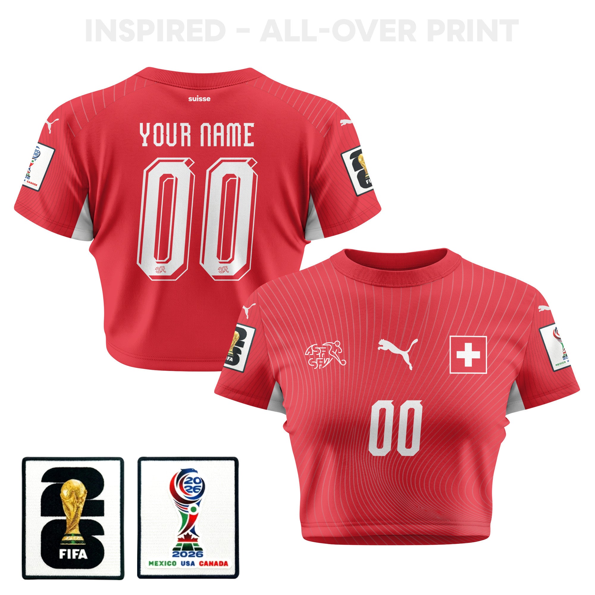 Switzerland 2026 Women's Home Personalized All-Over Print Cropped Jersey - Red