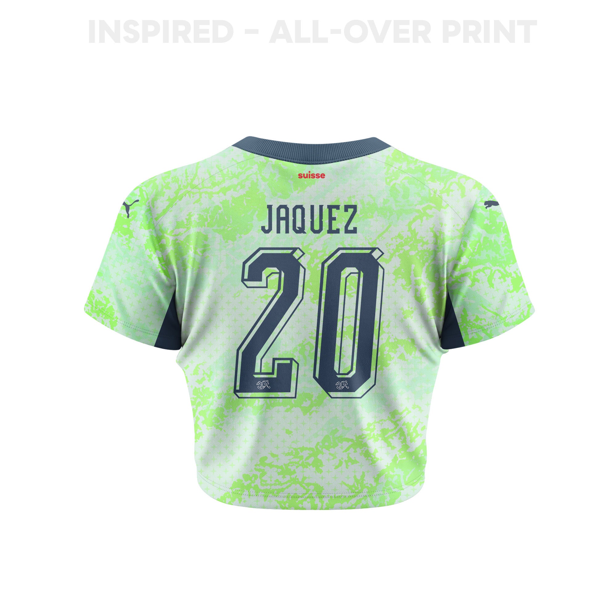 Luca Jaquez 20 Switzerland 2026 Women's Away All-Over Print Cropped Jersey - Green