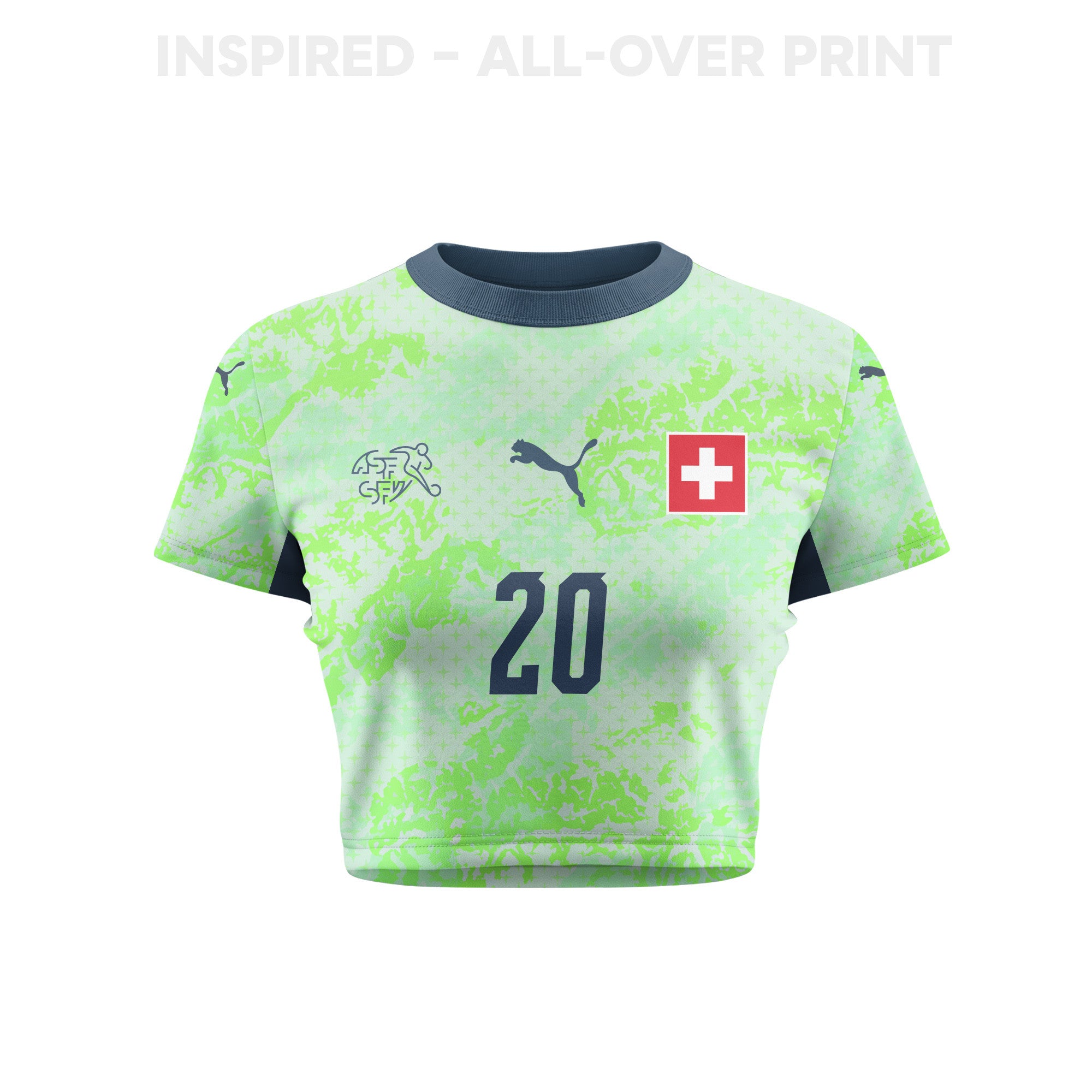 Luca Jaquez 20 Switzerland 2026 Women's Away All-Over Print Cropped Jersey - Green