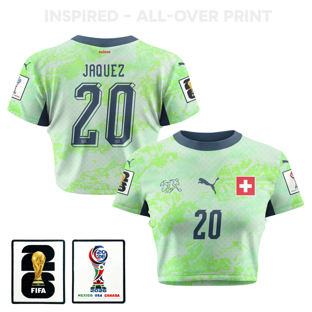 Luca Jaquez 20 Switzerland 2026 Women's Away All-Over Print Cropped Jersey - Green