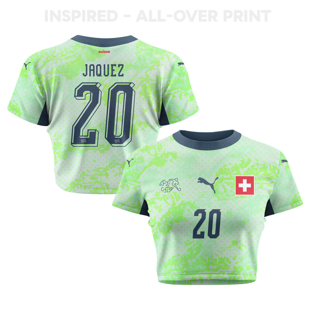 Luca Jaquez 20 Switzerland 2026 Women's Away All-Over Print Cropped Jersey - Green