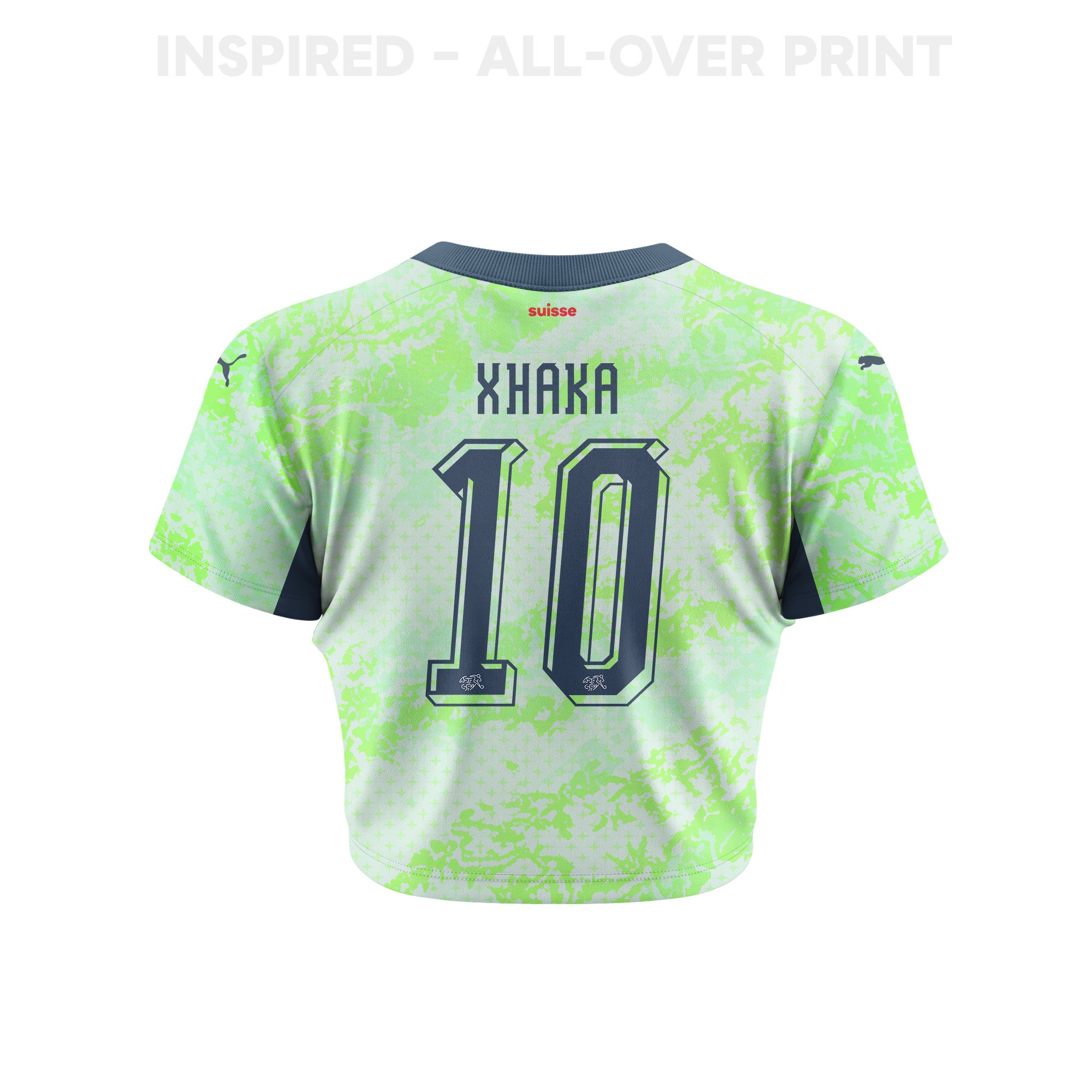 Granit Xhaka 10 Switzerland 2026 Women's Away All-Over Print Cropped Jersey - Green