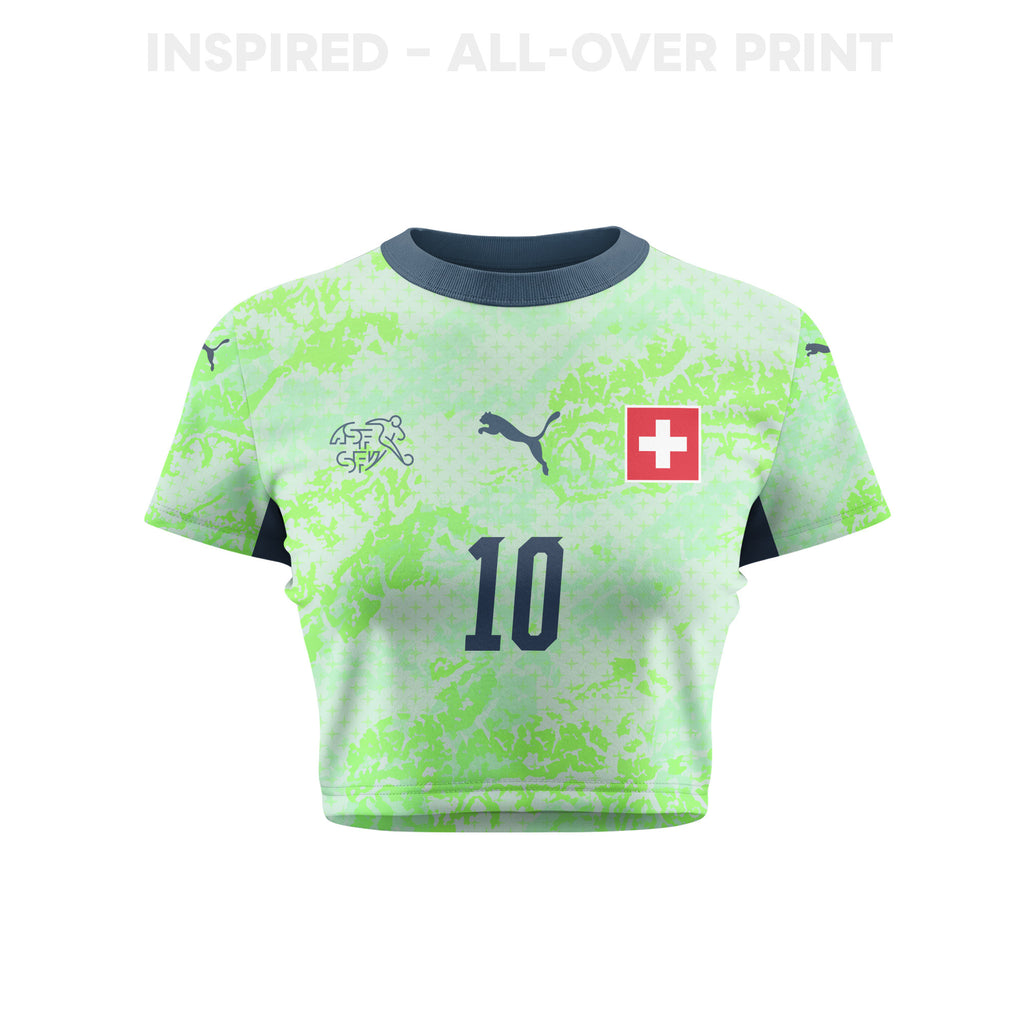 Granit Xhaka 10 Switzerland 2026 Women's Away All-Over Print Cropped Jersey - Green