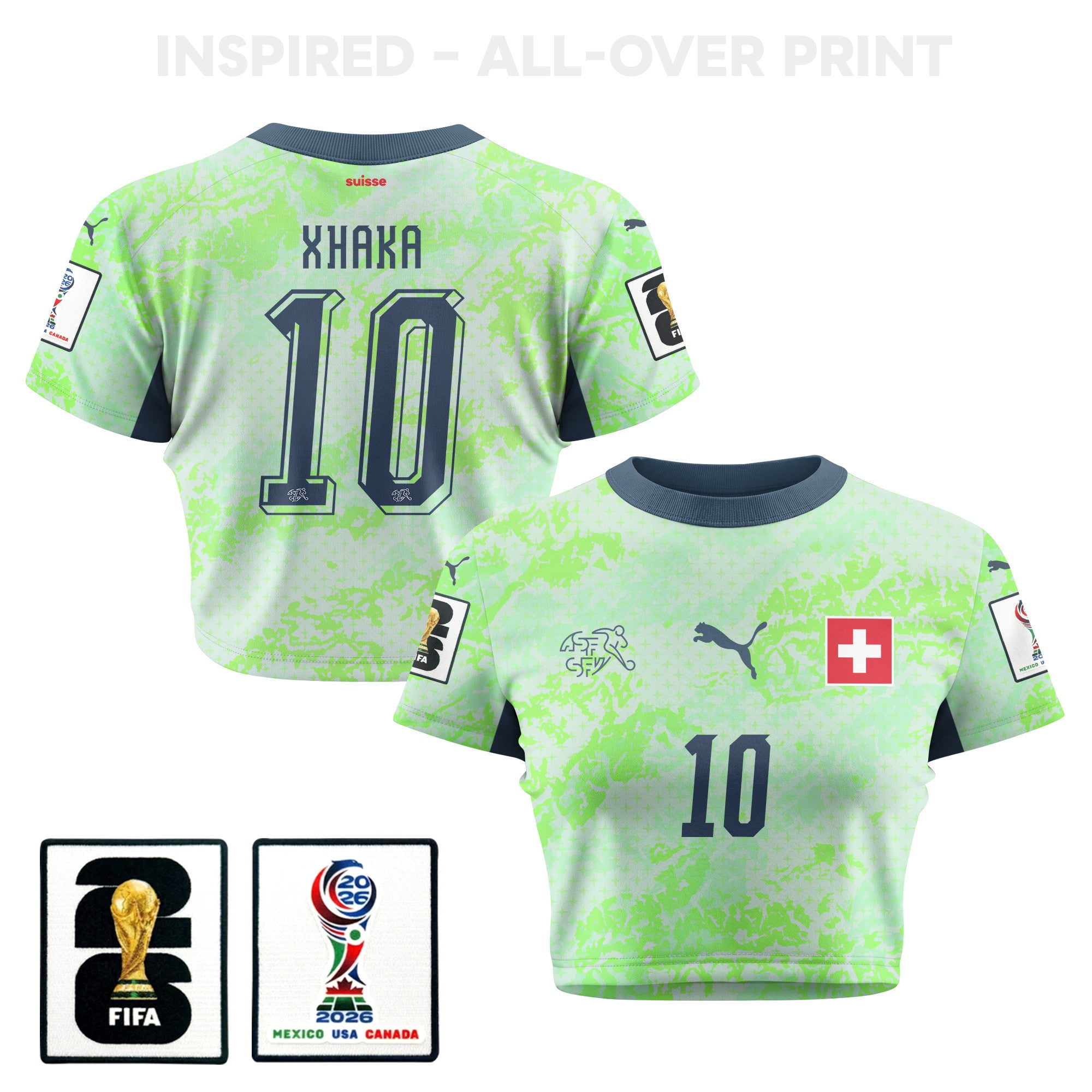 Granit Xhaka 10 Switzerland 2026 Women's Away All-Over Print Cropped Jersey - Green