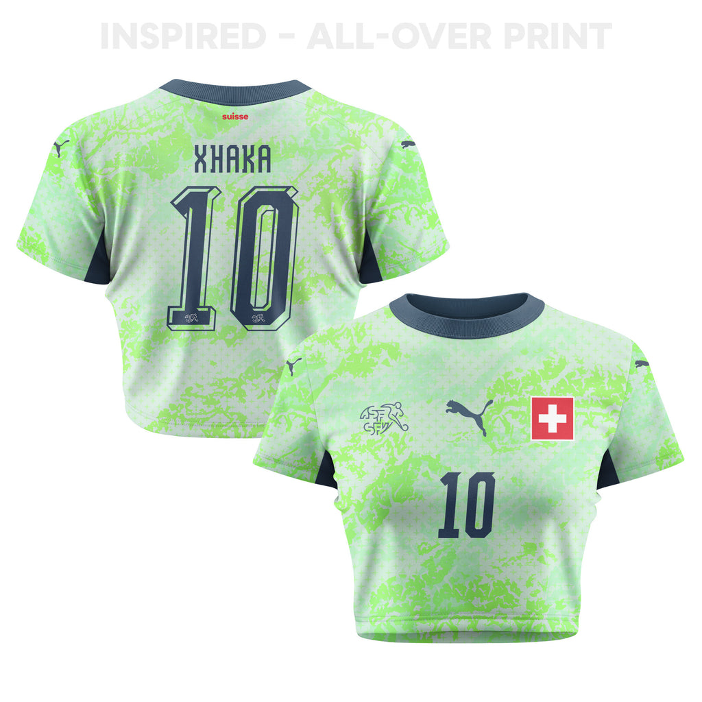 Granit Xhaka 10 Switzerland 2026 Women's Away All-Over Print Cropped Jersey - Green