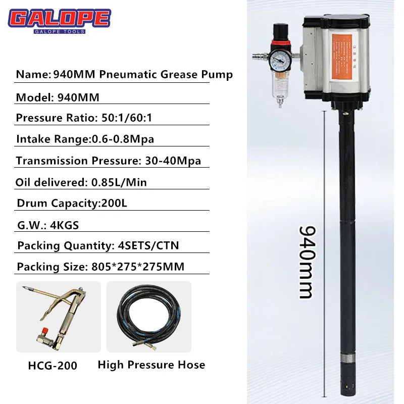 200L/180-220kg Drum Air Operated High Pressure Oil Dispenser High Viscosity Pneumatic Grease Pump Transfer 55 gal Barrel Pump