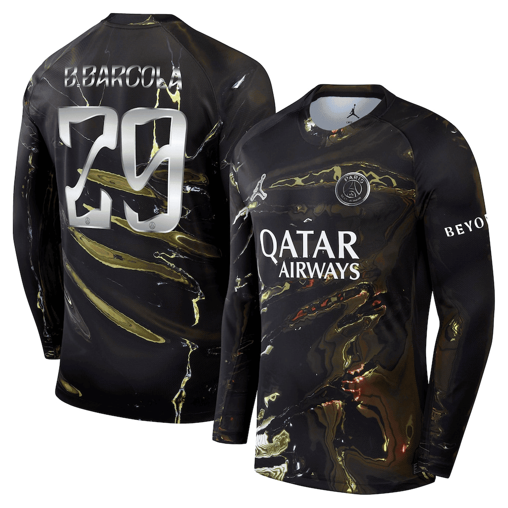 B.Barcola 29 Paris Saint-Germain Jordan Night Edition 2025/26 Cup Printing Long Sleeve Jersey - Black