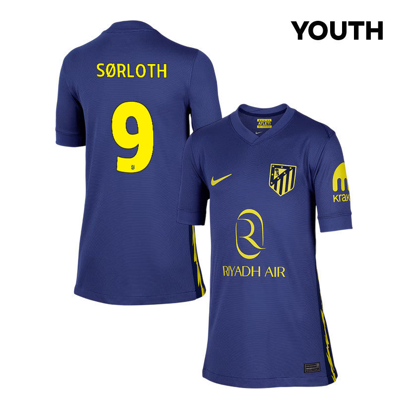 Alexander Sørloth 9 Atlético Madrid 25/26 Away YOUTH Jersey - Navy/Yellow