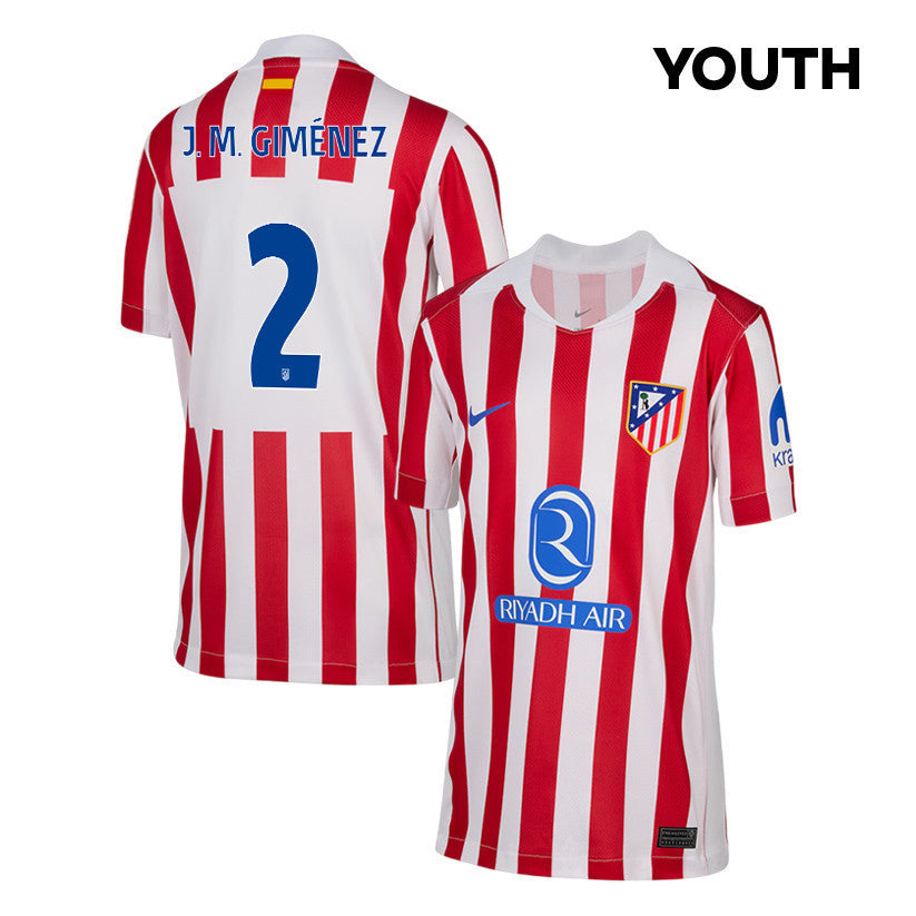 José Maria Giménez 2 Atlético Madrid 25/26 Home YOUTH Jersey - Red/White